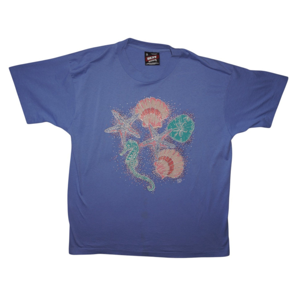 Vintage Fruit of the Loom Seahorse Seashell Graphic T-Shirt XL Blue USA